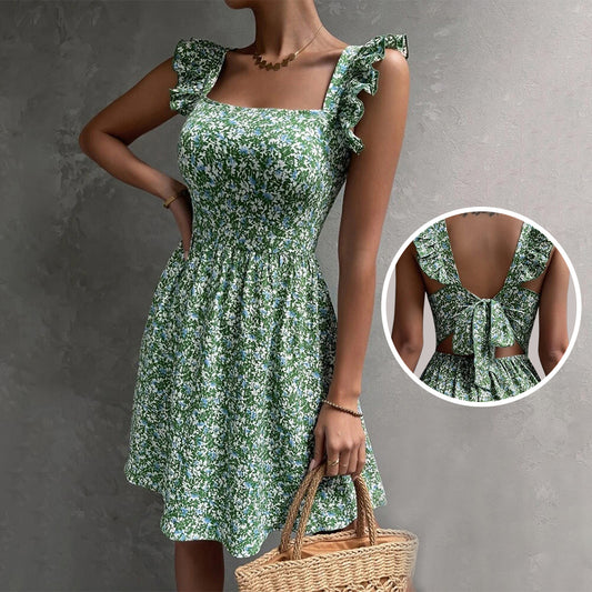 Summer Square-neck Ruffled Sleeveless Dress With Bow-tie - Mamofa Global Store