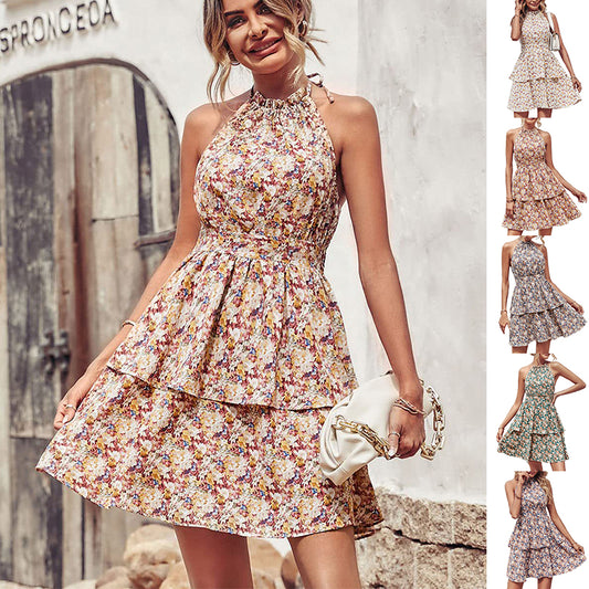 Summer Printed Halter Dress Fashion Backless Ruffled A-Line - Mamofa Global Store