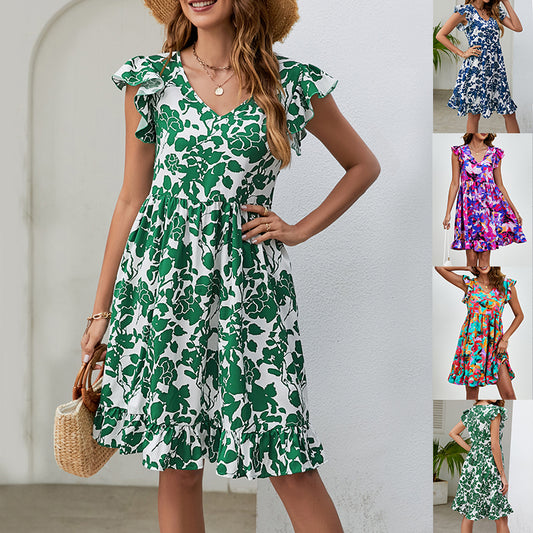 Leaf Print Dress Summer V-neck Ruffled Sleeveless A-Line Dresses Fashion Casual Holiday Beach Dress - Mamofa Global Store