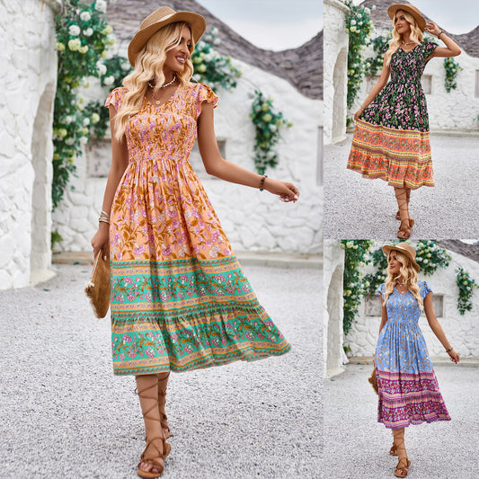 New Flowers Print V-neck Dress Summer Casual Ruffle Sleeveless Dresses Bohemian Holiday Beach Dress - Mamofa Global Store