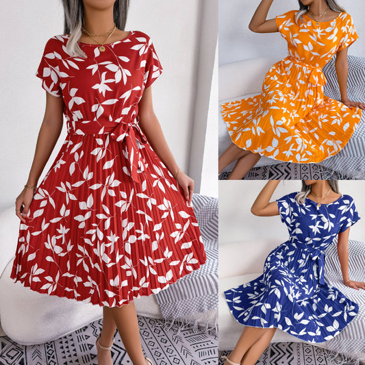 Leaf Print Dress Women Short Sleeve Lace-up Skirt Summer Beach Dress - Mamofa Global Store