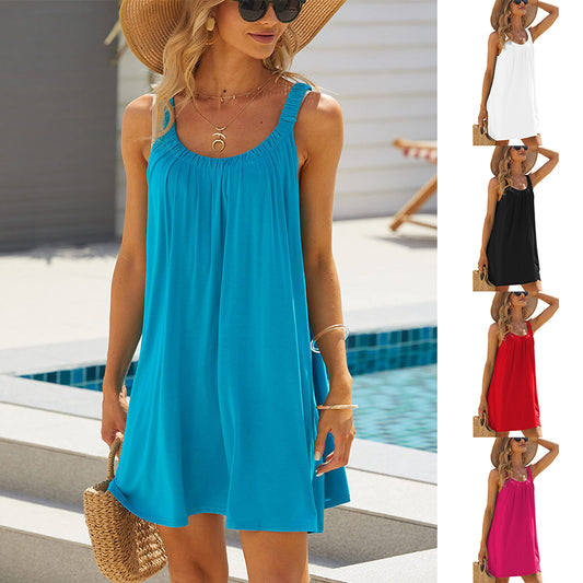 Solid Color Loose Beach Dress Casual Vacation Suspender Dresses Summer Round-neck - Mamofa Global Store