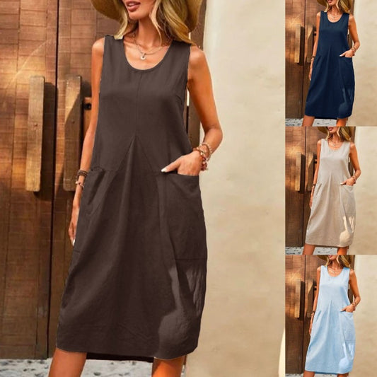 Sleeveless U-neck Dress With Pockets Design Casual Solid Color Loose Dresses - Mamofa Global Store