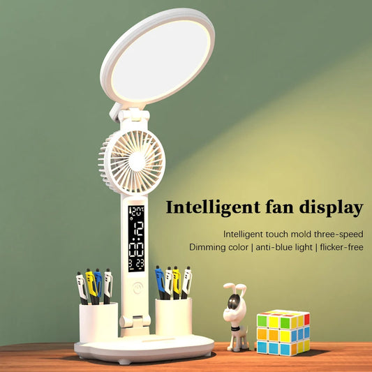 Dimmable LED Clock Table Lamp with Fan, USB Charging, Reading Light & Night Light (Foldable) - Mamofa Global Store