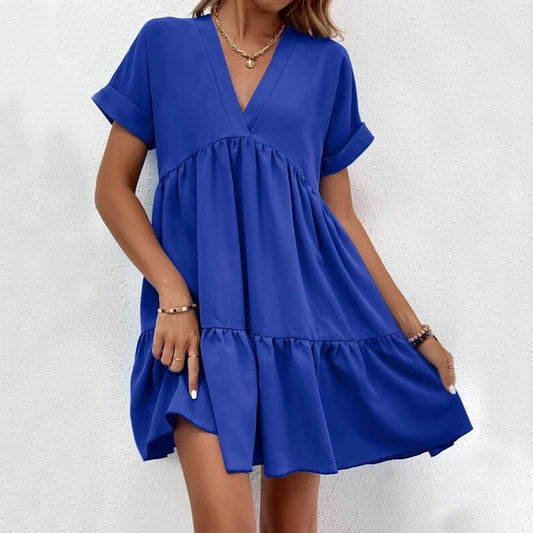 New Short-sleeved V-neck Dress Summer Casual Sweet Ruffled Dresses Solid Color Holiday - Mamofa Global Store