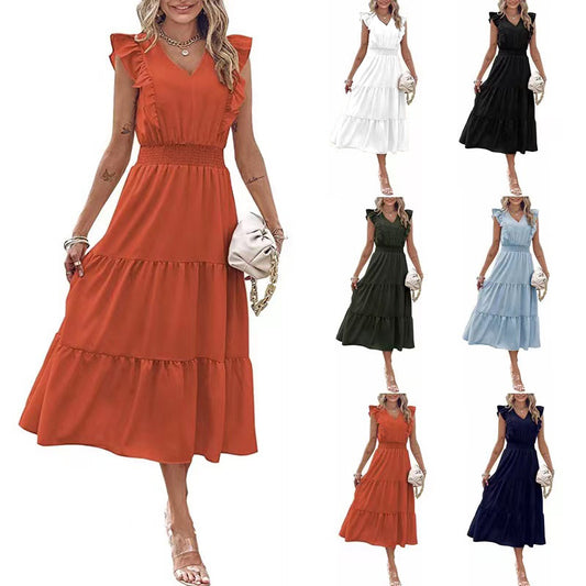 New Ruffled Sleeveless V-Neck Dress Summer Fashion Elastic Waist A-Line Dresses - Mamofa Global Store