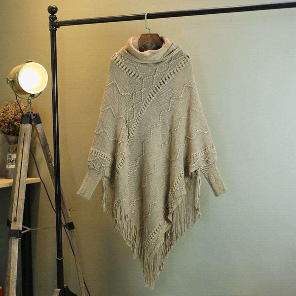 Autumn And Winter New Tassel Knitwear Shawl High Collar Warm Batwing Sleeve Pullover - Mamofa Global Store