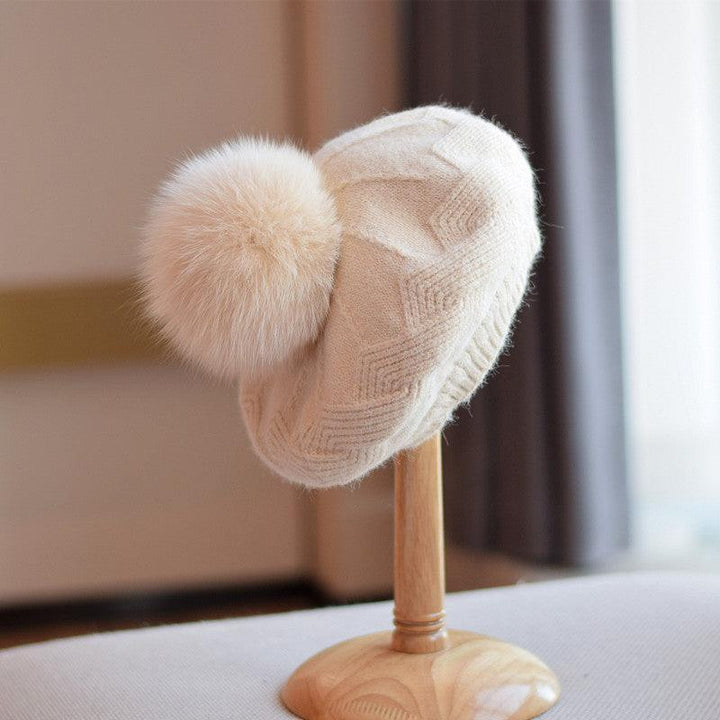 Female Autumn And Winter Knitting Fox Fur Ball Hat - Mamofa Global Store