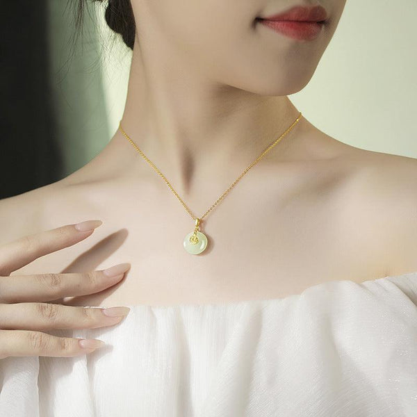 The New Nafu Peace Button And Field Jade Necklace Female Retro Chinese Style Fu Character 18K Gold Collarbone Chain Country Tide Sterling Silver - Mamofa Global Store