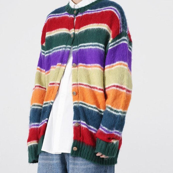 Retro Contrast Color Rainbow Striped Cardigan Knitted Sweater For Men - Mamofa Global Store