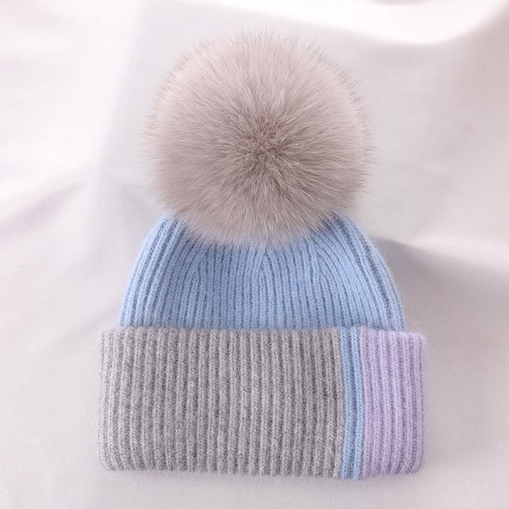 Rabbit Fur Autumn Winter Korean Cute Real Fox Fur Ball Thick Warm Plush Knitted Hat - Mamofa Global Store