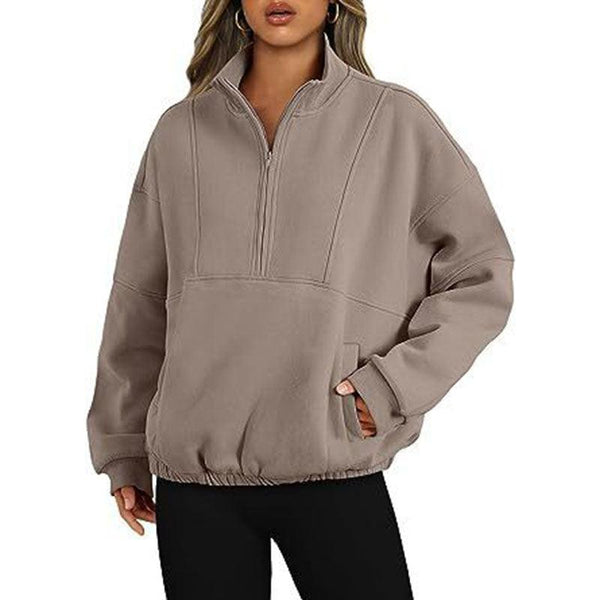 Sweater Sports Casual Women's Zipper Pocket Pullover Stand Collar Long Sleeve Shirt - Mamofa Global Store