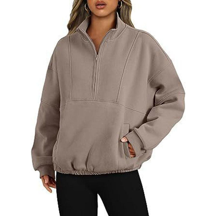 Sweater Sports Casual Women's Zipper Pocket Pullover Stand Collar Long Sleeve Shirt - Mamofa Global Store