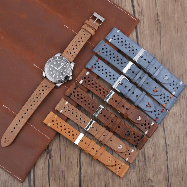 Gray-blue Multi-hole Stitching Leather Watch Band - Mamofa Global Store