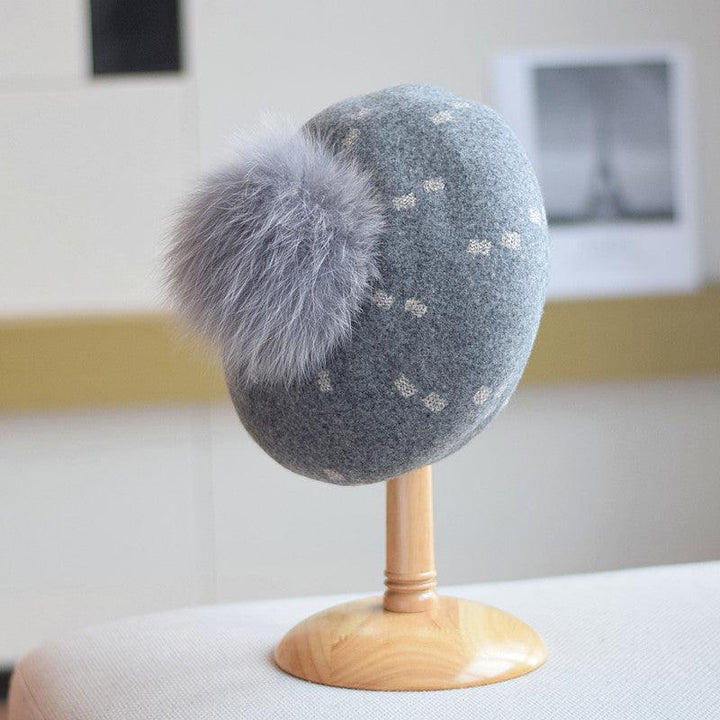 Elegant Woolen Gilding Beret Women's Korean Style Fox Fur Ball Vintage Painter Hat - Mamofa Global Store