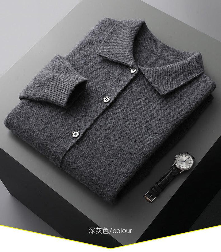 Men's Polo Collar Solid Color Wool Cardigan Autumn Winter Retro Pocket Thick Coat - Mamofa Global Store