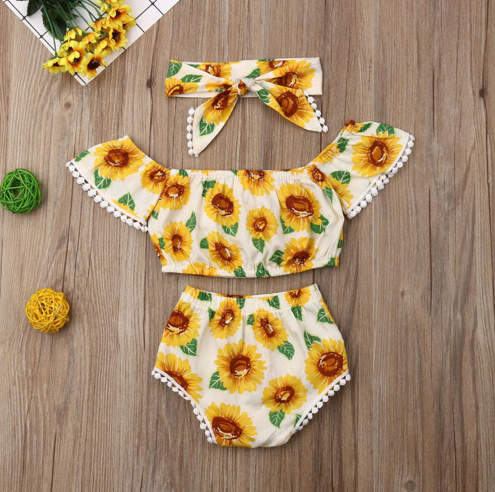 Girl Sunflower Print One-Shoulder Top Triangle Shorts Suit - Mamofa Global Store