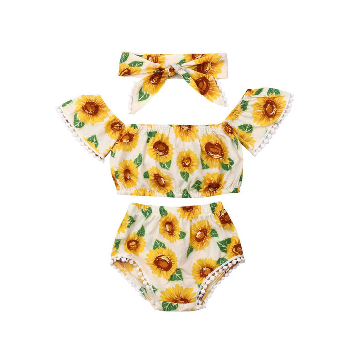 Girl Sunflower Print One-Shoulder Top Triangle Shorts Suit - Mamofa Global Store