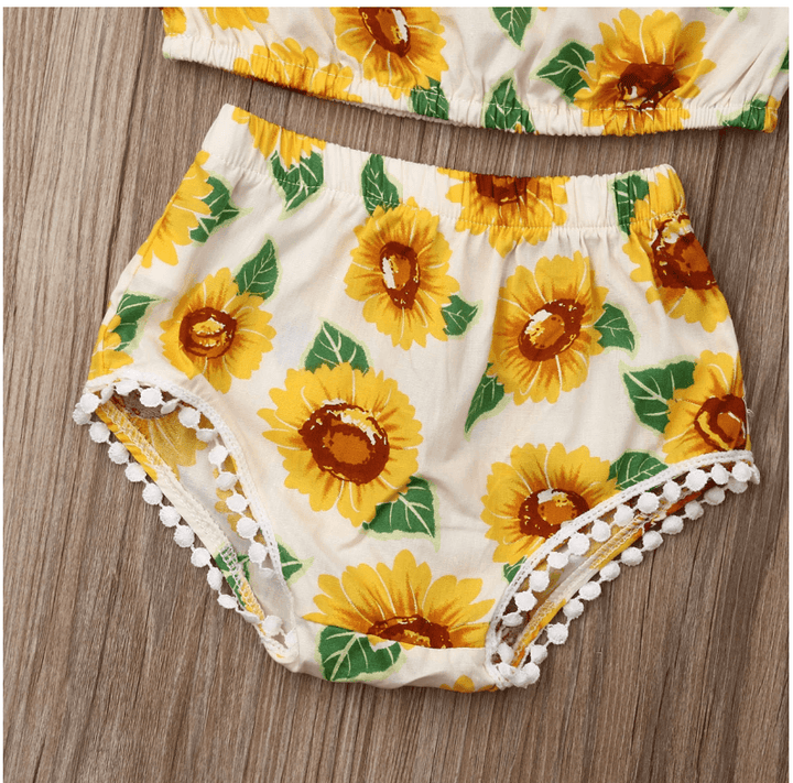 Girl Sunflower Print One-Shoulder Top Triangle Shorts Suit - Mamofa Global Store