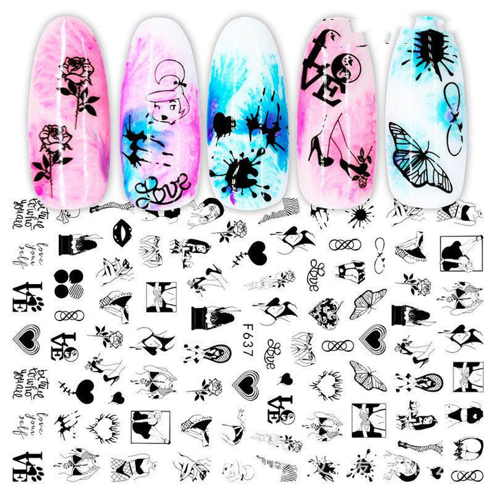 Cross-Border Nail Stickers New Japanese European And American 3D Hot Stamping Full Stickers Black And White Rose Heart-Shaped Ink Nail Decals - Mamofa Global Store