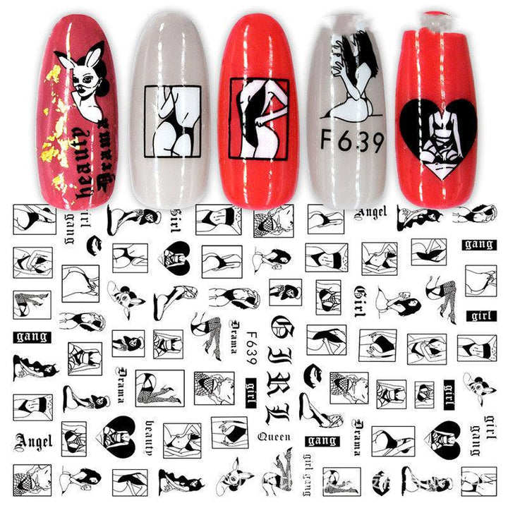 Cross-Border Nail Stickers New Japanese European And American 3D Hot Stamping Full Stickers Black And White Rose Heart-Shaped Ink Nail Decals - Mamofa Global Store