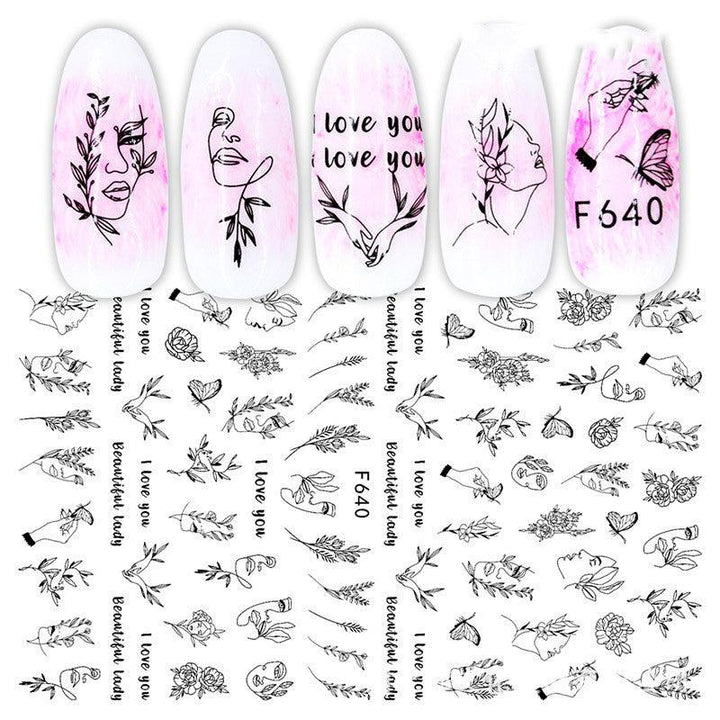 Cross-Border Nail Stickers New Japanese European And American 3D Hot Stamping Full Stickers Black And White Rose Heart-Shaped Ink Nail Decals - Mamofa Global Store