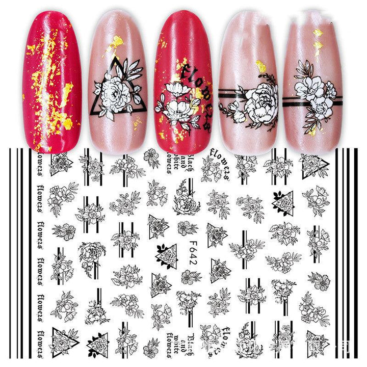 Cross-Border Nail Stickers New Japanese European And American 3D Hot Stamping Full Stickers Black And White Rose Heart-Shaped Ink Nail Decals - Mamofa Global Store