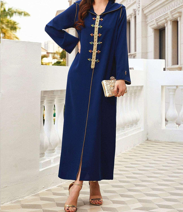 Abaya Navy Gold-rimmed Hand-sewn Diamond Hooded Robe - Mamofa Global Store