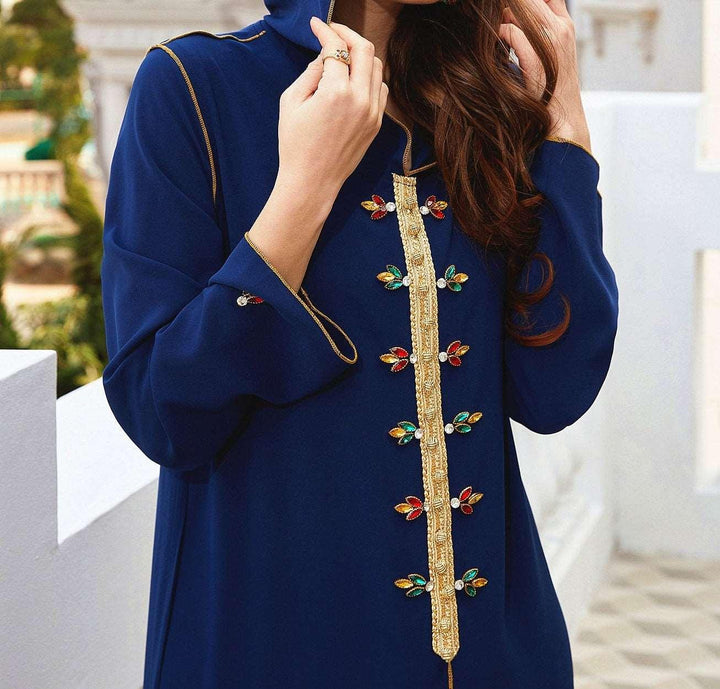 Abaya Navy Gold-rimmed Hand-sewn Diamond Hooded Robe - Mamofa Global Store