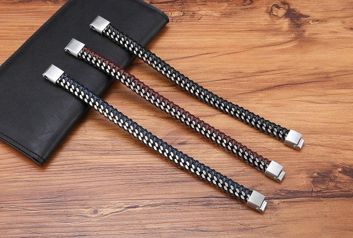 Vintage Leather Woven Men's Stainless Steel Buckle Bracelet - Mamofa Global Store