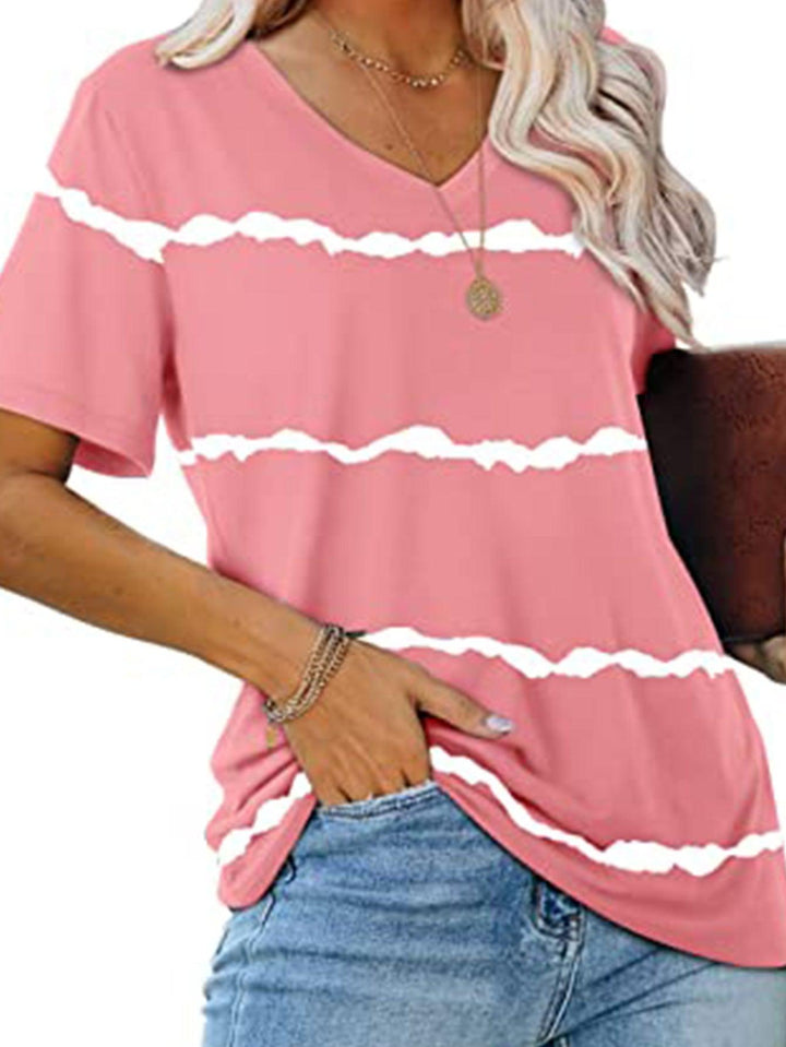 Women's V-neck Striped Printed Loose T-shirt - Mamofa Global Store