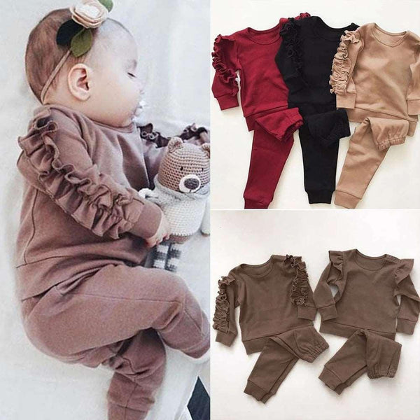 Newborn Baby Boys Girls Ruffles Jumper Solid Long Sleeve Sweatshirt Tops Pants Infant Kids 2Pcs Outfits Clothes Set Fall Clothes - Mamofa Global Store