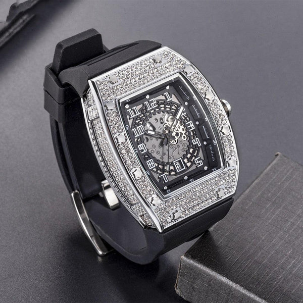 Full Diamond Tonneau Silicone Band Quartz Men's Watch - Mamofa Global Store