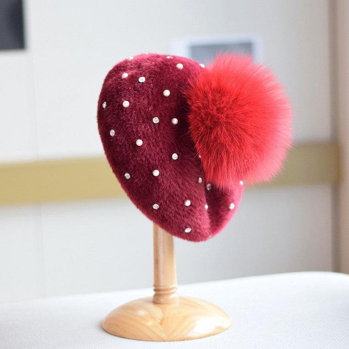 Rhinestone Mink-like Wool Beret Japanese Style Sweet And Cute Painter Cap - Mamofa Global Store