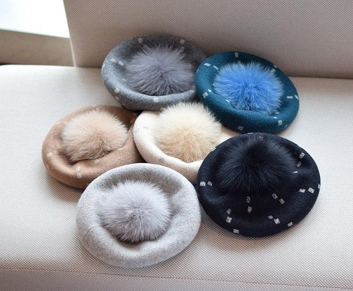 Elegant Woolen Gilding Beret Women's Korean Style Fox Fur Ball Vintage Painter Hat - Mamofa Global Store