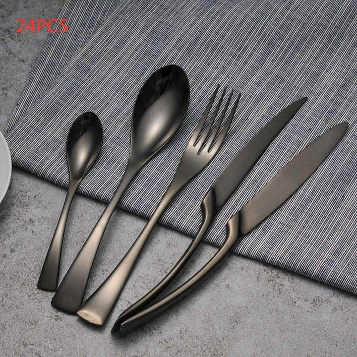 4PCS Set Black Stainless Steel Cutlery Korean Dinnerware Set Gifts Mirror Polishing Silverware Sets Scoop Knife and Fork Sets - Mamofa Global Store