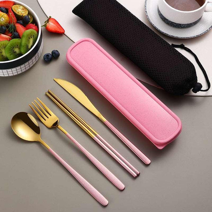 304 Dinnerware Set Flatware Kitchen Accessories Camping Travel Sets Gold Knife Fork Spoon Portable Cutlery Sets With Case - Mamofa Global Store