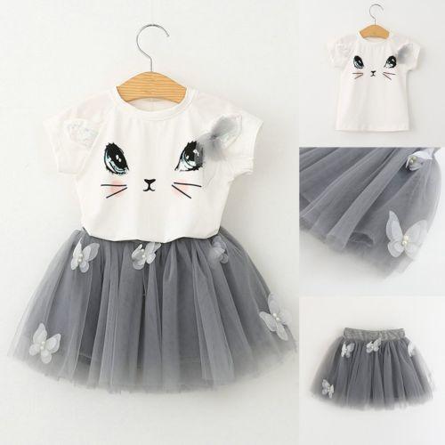 New Girls Kids Cute Child Cat Short Sleeve T-Shirt Butterfly Beaded Puffy Skirt Skirt Set - Mamofa Global Store