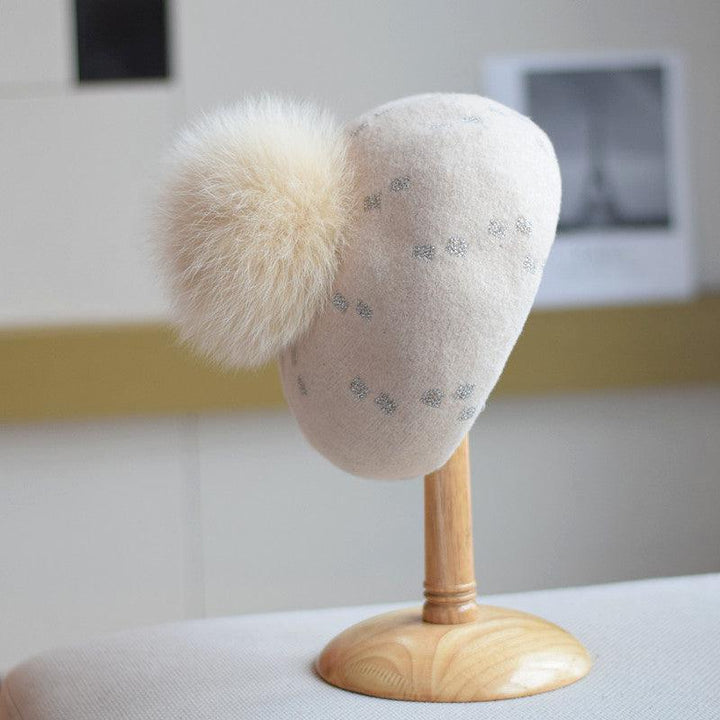 Elegant Woolen Gilding Beret Women's Korean Style Fox Fur Ball Vintage Painter Hat - Mamofa Global Store