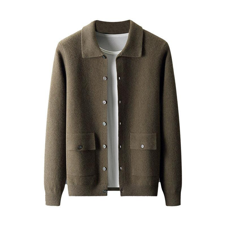 Men's Polo Collar Solid Color Wool Cardigan Autumn Winter Retro Pocket Thick Coat - Mamofa Global Store