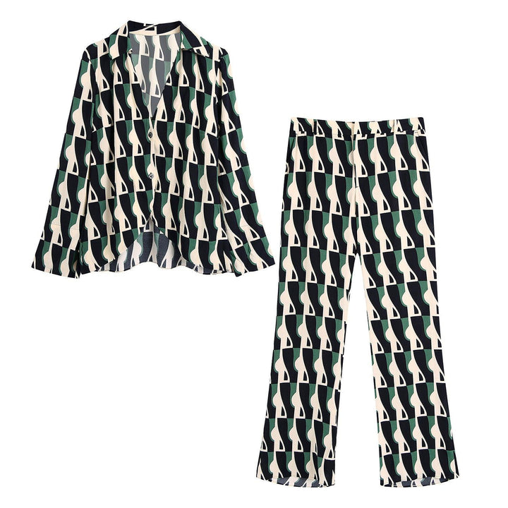 Loose Blouse Geometric Print Flared Pants Suit - Mamofa Global Store