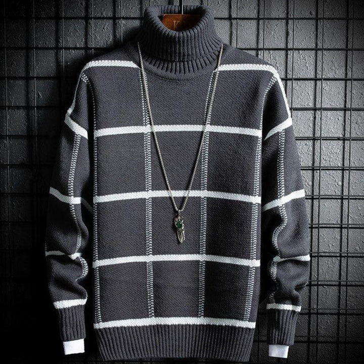 Korean Winter New Boys Sweater Fashion High Neck Bottoming Shirt Loose Casual Plaid Warm Sweater - Mamofa Global Store