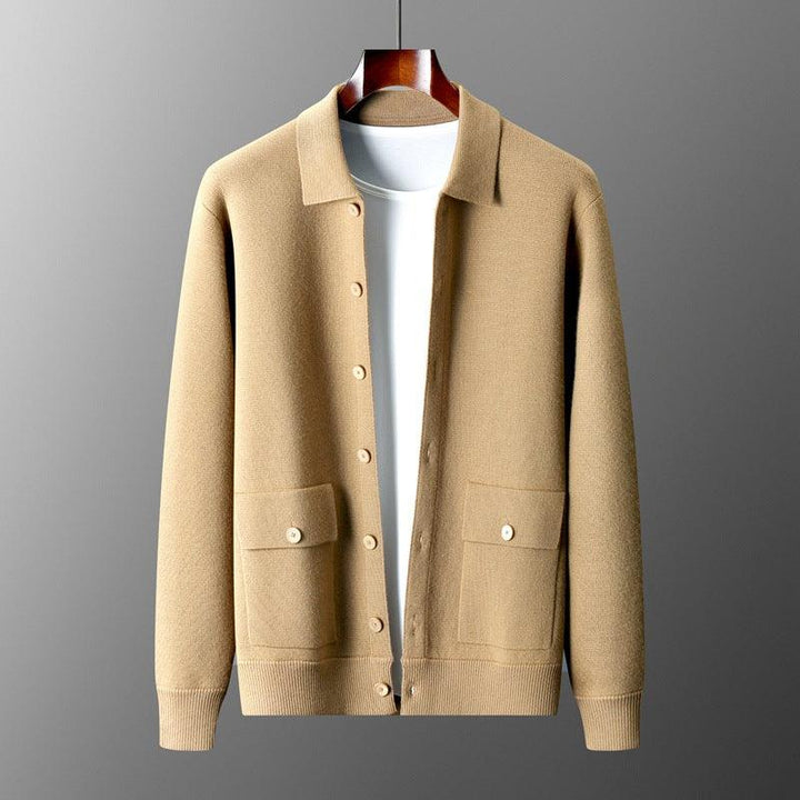 Men's Polo Collar Solid Color Wool Cardigan Autumn Winter Retro Pocket Thick Coat - Mamofa Global Store