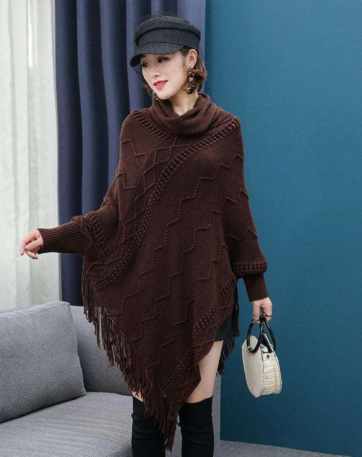 Autumn And Winter New Tassel Knitwear Shawl High Collar Warm Batwing Sleeve Pullover - Mamofa Global Store