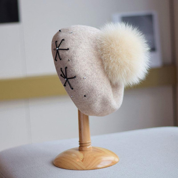 Women's Fox Fur Ball Elegant Retro Woolen Hat - Mamofa Global Store