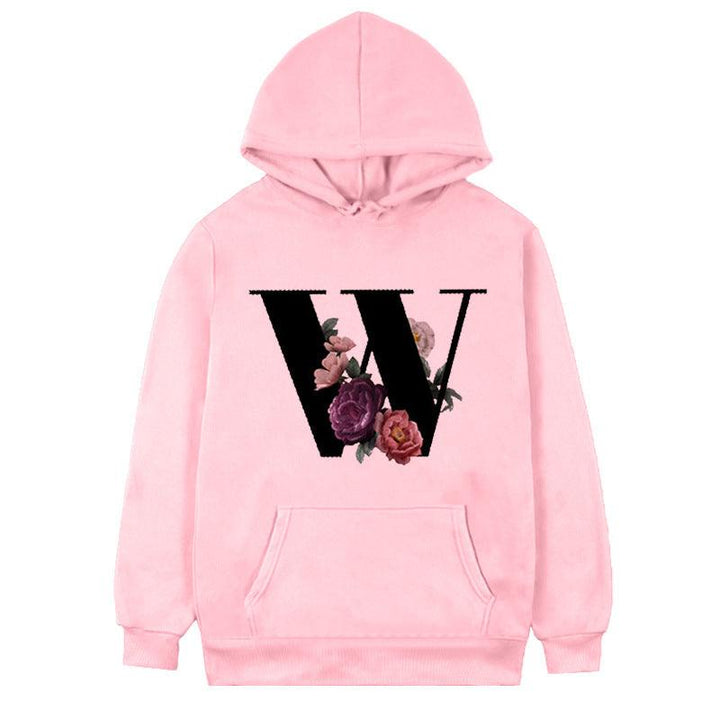 Women's 26-letter Flowers Printed Fleece Hoodie - Mamofa Global Store