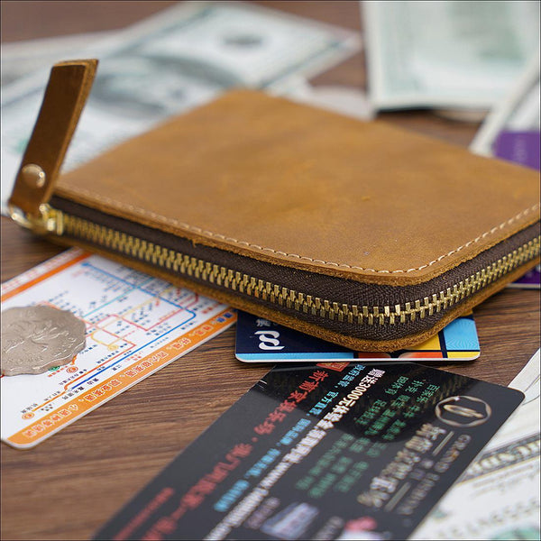 Handmade Short Vintage Crazy Horse Leather Zipper Wallet - Mamofa Global Store