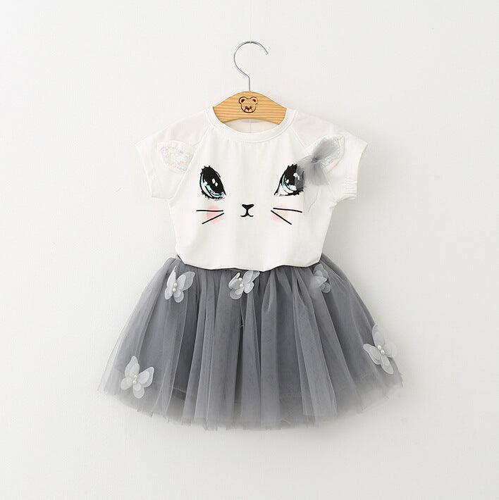 New Girls Kids Cute Child Cat Short Sleeve T-Shirt Butterfly Beaded Puffy Skirt Skirt Set - Mamofa Global Store