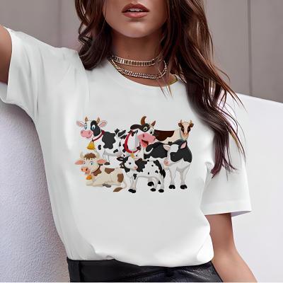 New Cow Animal Cartoon Print White Round Neck Short Sleeve - Mamofa Global Store