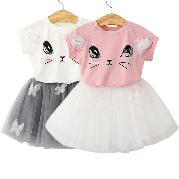 New Girls Kids Cute Child Cat Short Sleeve T-Shirt Butterfly Beaded Puffy Skirt Skirt Set - Mamofa Global Store